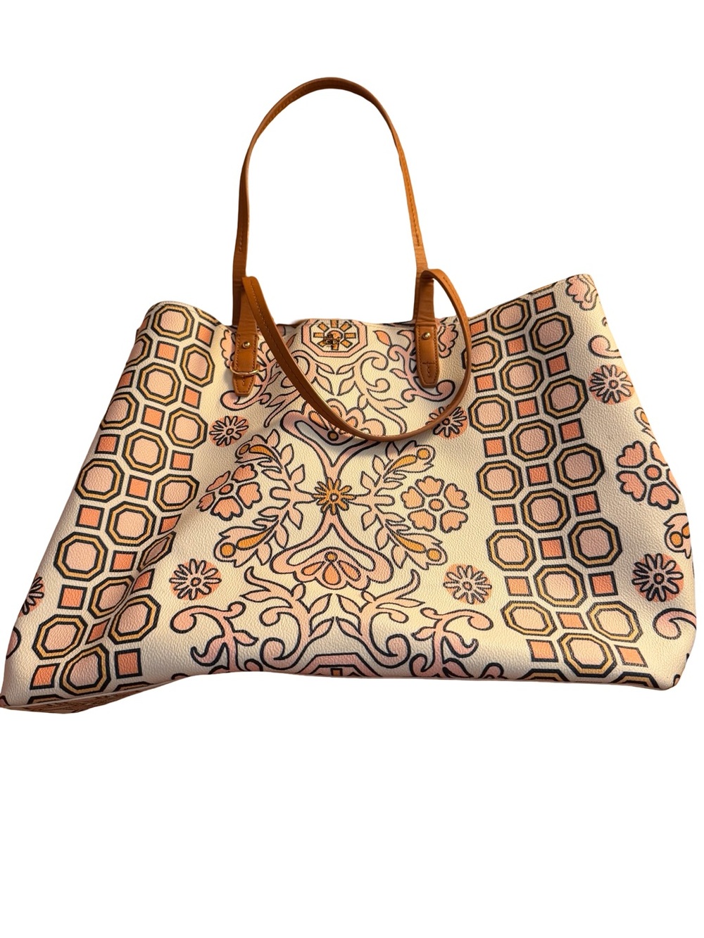 Tory Burch Cream Tote with Tan Handles and Pink Accents